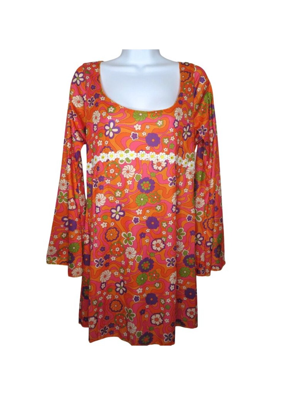 Leg Avenue Womens Floral 70s Style Dress Bell Sleeves Daisy Trim M/L Polyester
